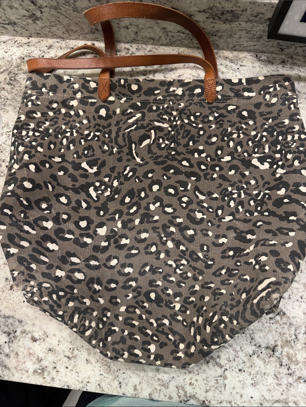 Leopard Print Canvas Tote with Brown Leather Straps